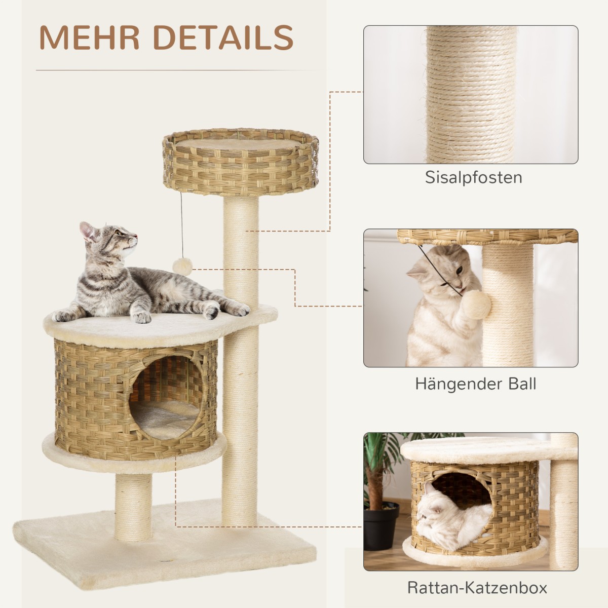 Rattan Scratching Post 95 cm Ύψος 3-επιπέδων Γάτα Δέντρο με Πλατφόρμα, Γάτα Κρεβάτι, Δέντρο Αναρρίχησης με Γάτα Σπήλαιο Σιζάλ Στύλοι Παίξτε Μπάλες Έπιπλα Γάτας Σιζάλ Φυσικό + Μπεζ