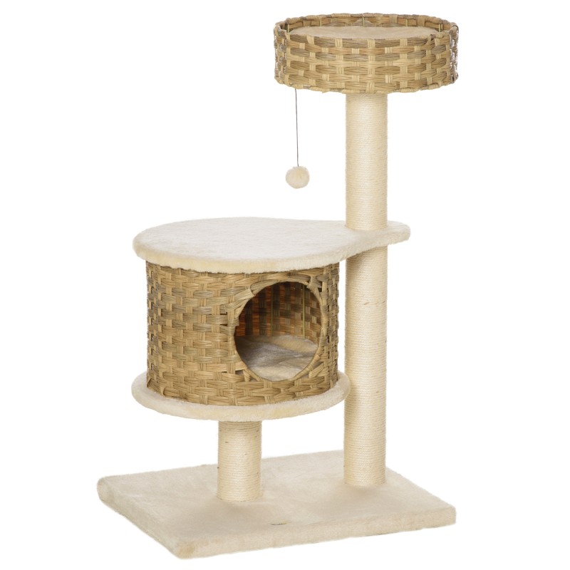 Rattan Scratching Post 95 cm Ύψος 3-επιπέδων Γάτα Δέντρο με Πλατφόρμα, Γάτα Κρεβάτι, Δέντρο Αναρρίχησης με Γάτα Σπήλαιο Σιζάλ Στύλοι Παίξτε Μπάλες Έπιπλα Γάτας Σιζάλ Φυσικό + Μπεζ