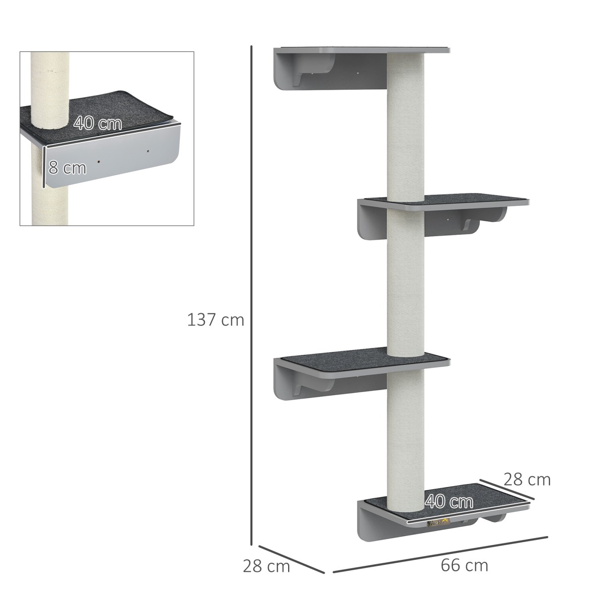 Στύλος γρατσουνίσματος ύψους 137 cm, επιτοίχιος δέντρο γάτας 4 επιπέδων με 4 πλατφόρμες, 3 στύλοι γρατσουνίσματος, στύλος γρατσουνίσματος γάτας για γάτες κάτω των 5 κιλών για σκαρφάλωμα, ξύσιμο και παιχνίδι