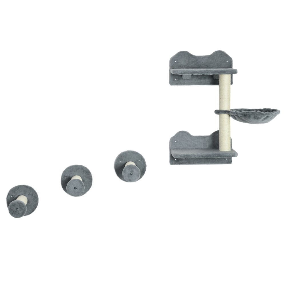 Σκαλοπάτια αναρρίχησης PawHut, τοίχος αναρρίχησης, σκάλες γάτας, σετ 4 τεμαχίων, με δέντρο για γάτες, αιώρα, γκρι+κρεμ, 40 x 28 x 73cm