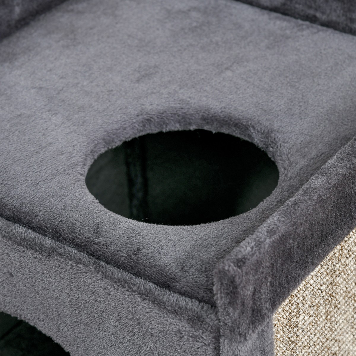 Βαρέλι ξυσίματος με 2 σπηλιές γάτας, 1 επιφάνεια ξαπλώστρας, χαλάκι σιζάλ, βελούδινο, γκρι + φυσικό