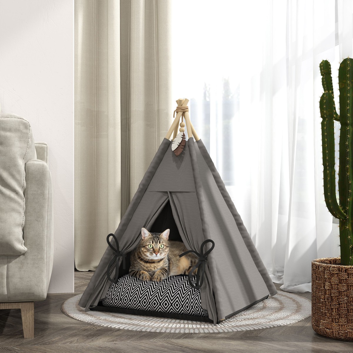 Tent Teepee Pet, Teepee Design Κρεβάτι για κατοικίδια, Σκηνή γάτας με μαξιλάρι, Κρεβάτι σκύλου για ύπνο, Κρεβάτι γάτας, Γκρι