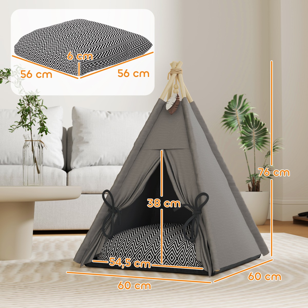 Tent Teepee Pet, Teepee Design Κρεβάτι για κατοικίδια, Σκηνή γάτας με μαξιλάρι, Κρεβάτι σκύλου για ύπνο, Κρεβάτι γάτας, Γκρι
