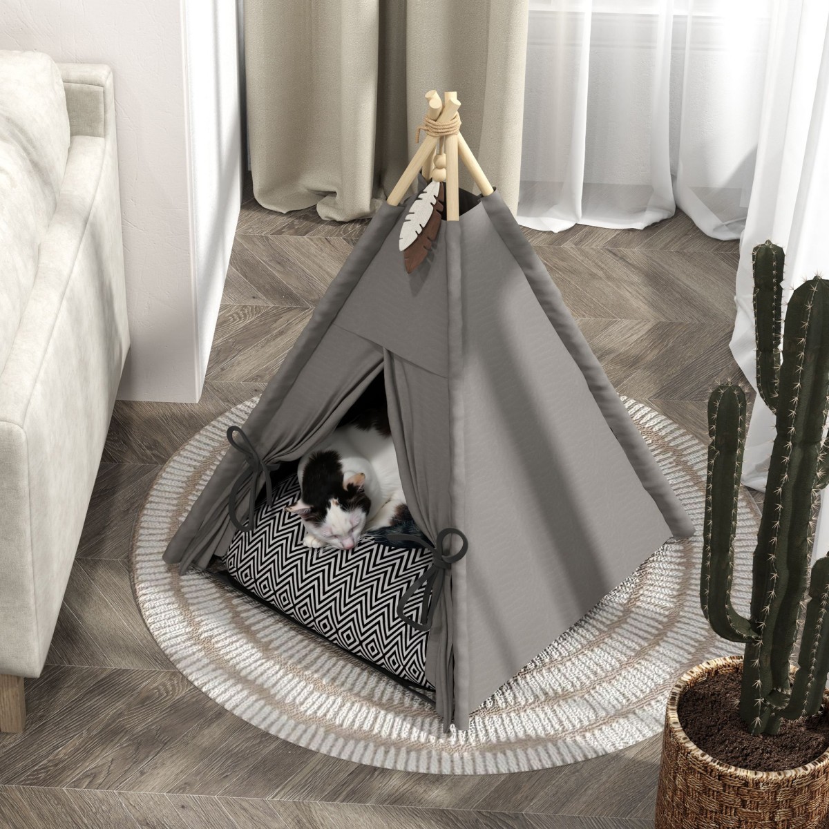 Tent Teepee Pet, Teepee Design Κρεβάτι για κατοικίδια, Σκηνή γάτας με μαξιλάρι, Κρεβάτι σκύλου για ύπνο, Κρεβάτι γάτας, Γκρι