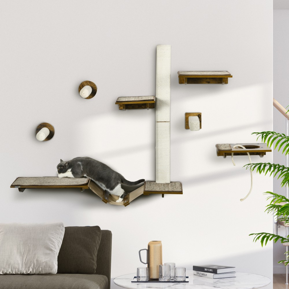 PawHut Σετ σκάλας για γάτες, τοίχος αναρρίχησης, 8 τεμάχια, έως 8 kg, ανθεκτικό, Καφέ/Κρεμ λευκό
