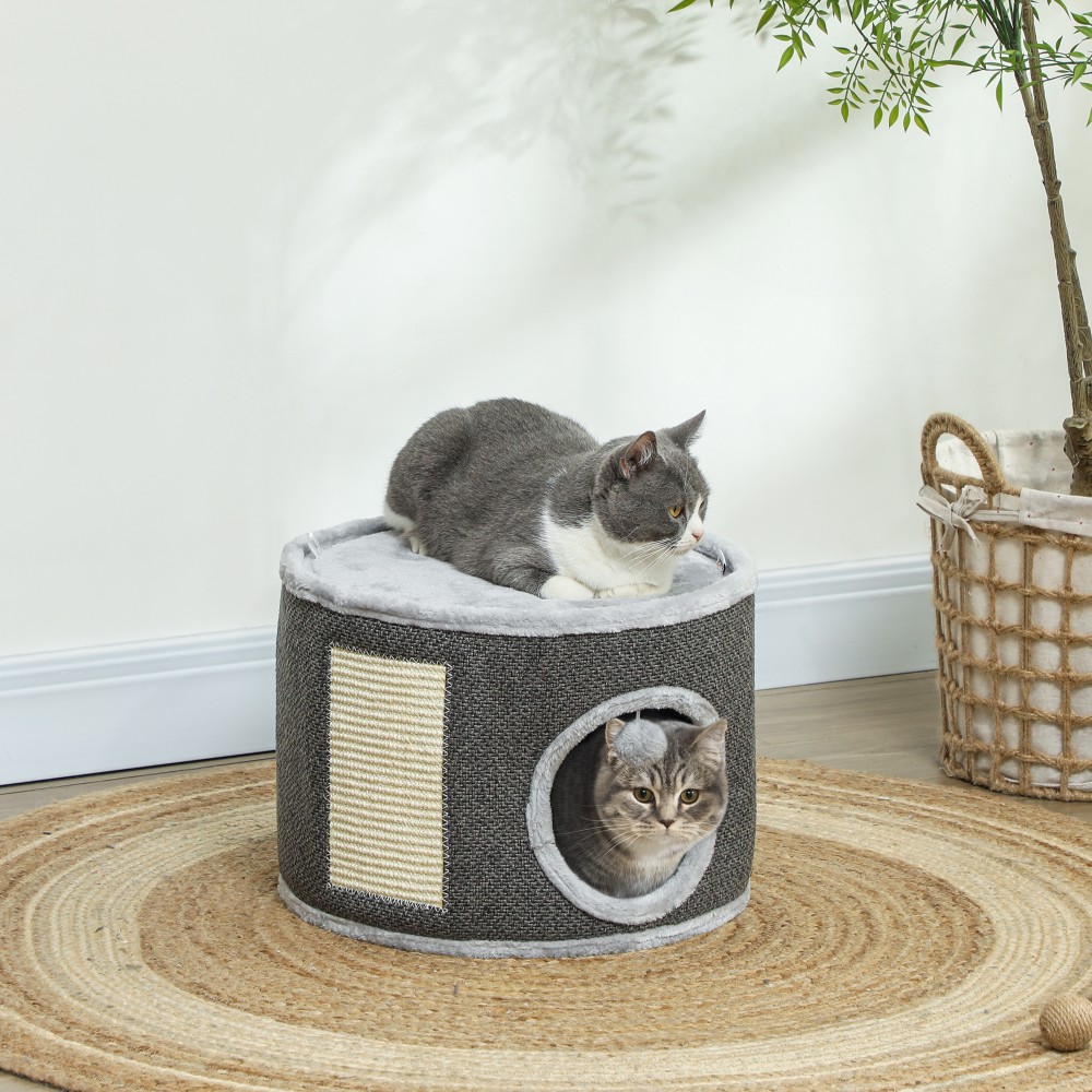 Cat Cave 2 Επιπέδων Σπίτι για Γάτες Λούτρινο Μαξιλάρι Σιζάλ Ξυστό Φ40 x 30H cm Σκούρο Γκρι