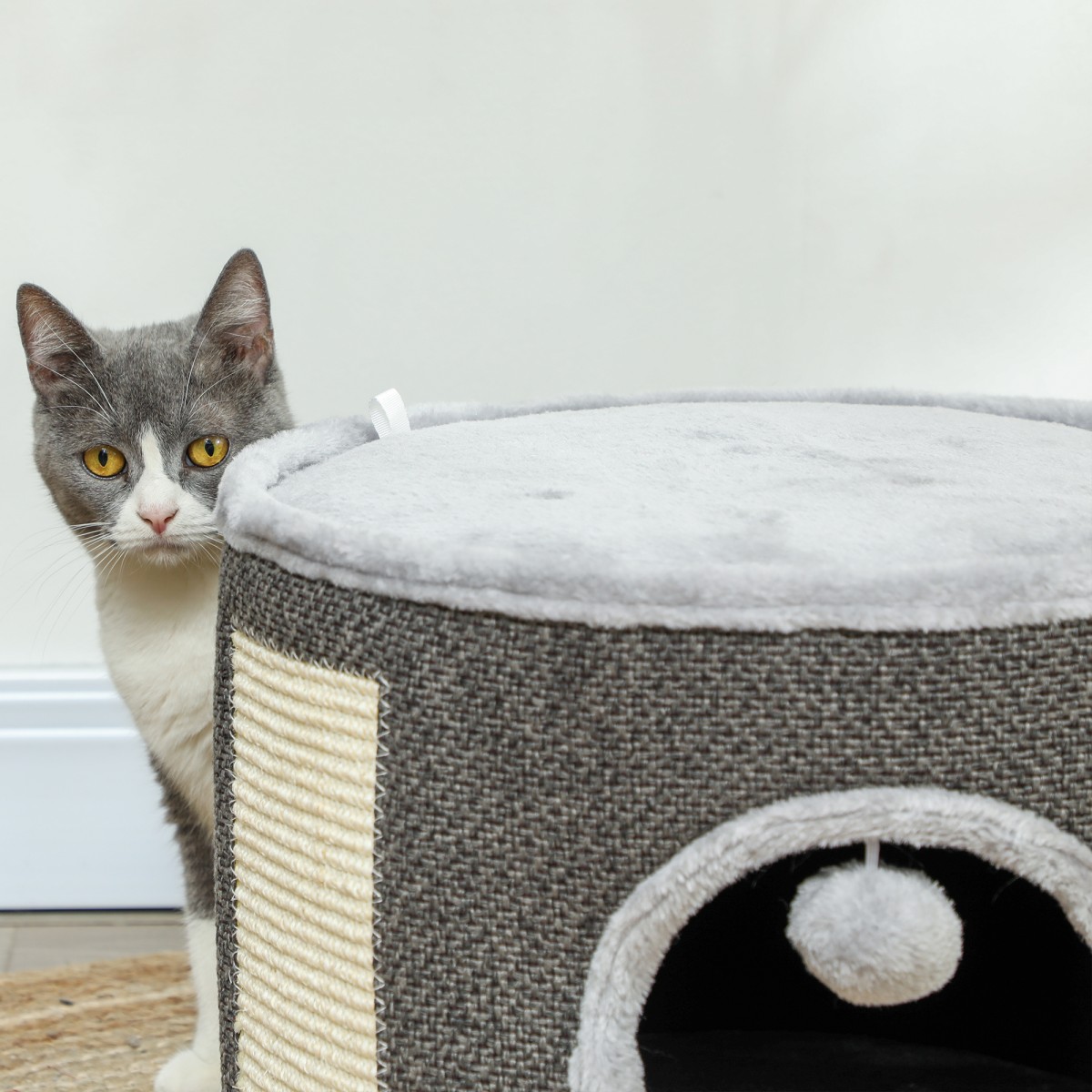 Cat Cave 2 Επιπέδων Σπίτι για Γάτες Λούτρινο Μαξιλάρι Σιζάλ Ξυστό Φ40 x 30H cm Σκούρο Γκρι