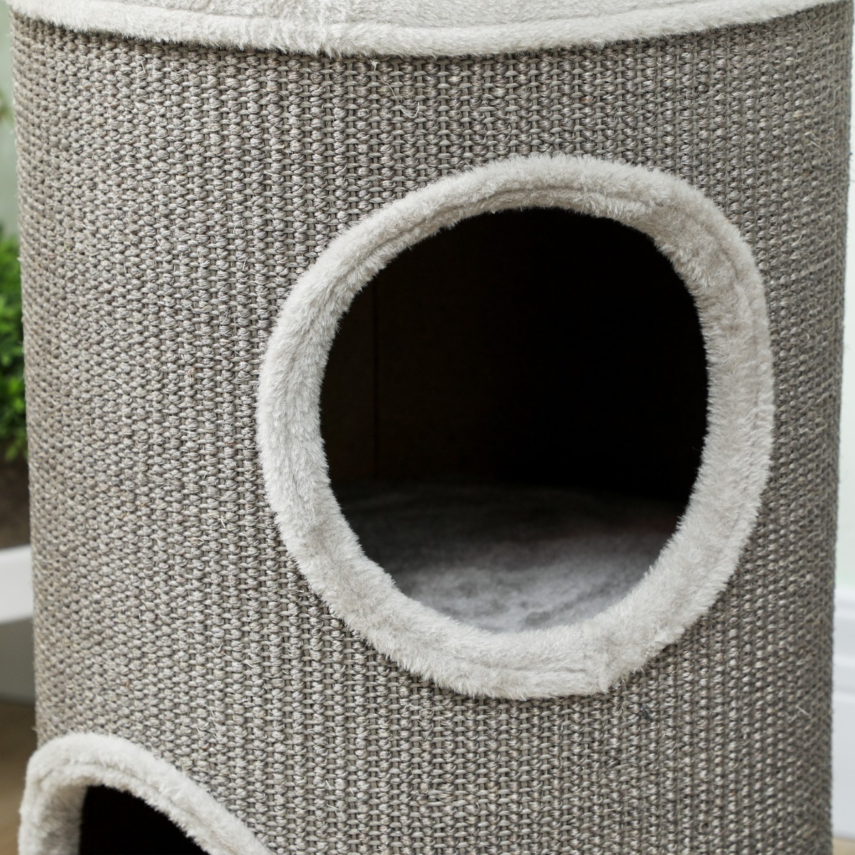 Βαρέλι γρατσουνίσματος, ύψους 60 cm Ø 35 cm, διώροφο βαρέλι γάτας με 2 σπηλιές, βελούδινη άκρη, για 1-2 γάτες έως 5 κιλά, ανοιχτό γκρι