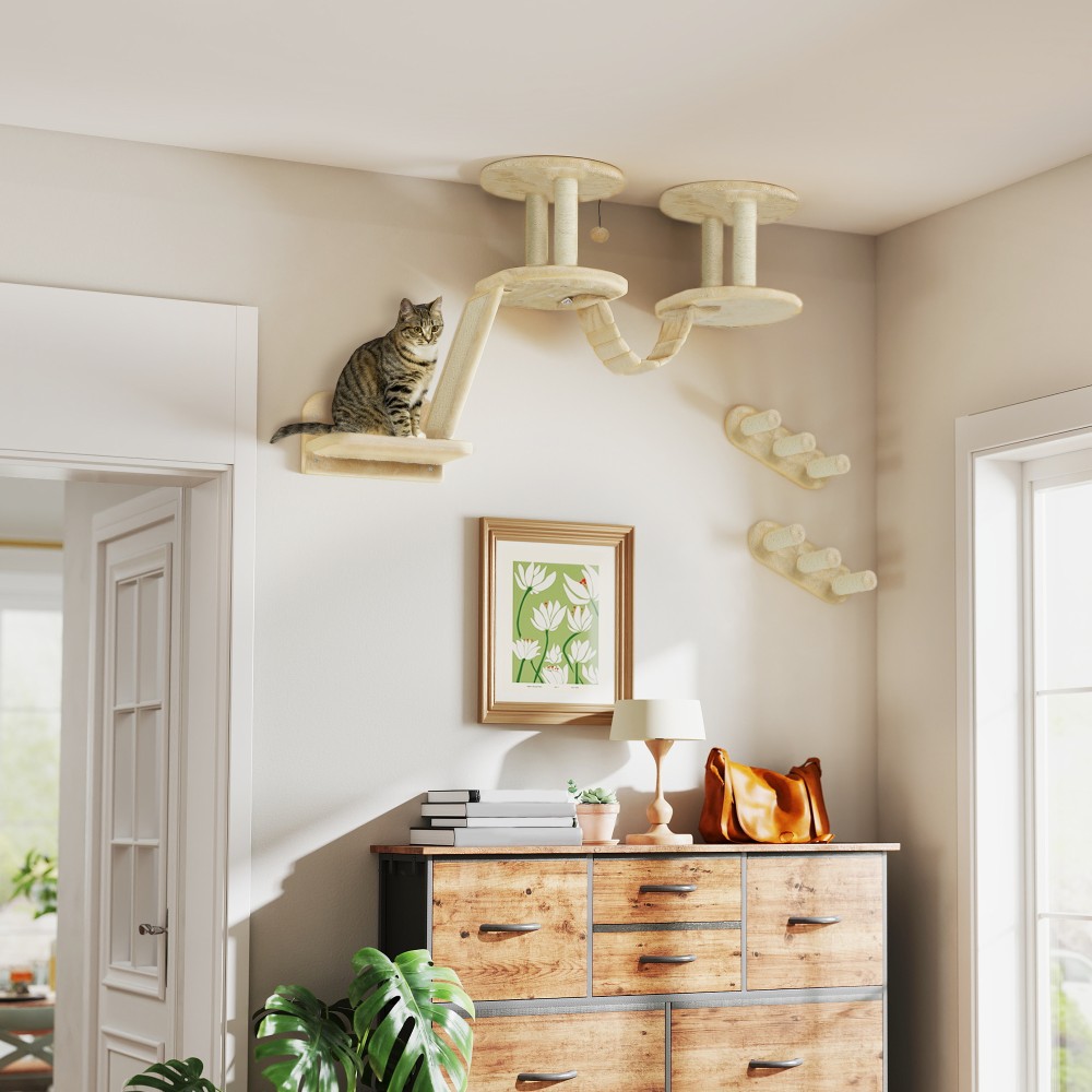 Σετ σκάλες για γάτες PawHut, τοποθέτηση σε τοίχο και οροφή, για γάτες έως 5 kg, μπεζ