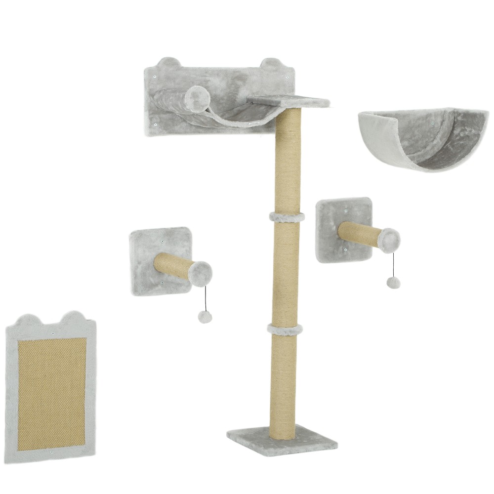PawHut Σετ 5 τεμαχίων για γάτες για τοίχο με στύλο ξυσίματος, χαλάκι ξυσίματος, κρεβάτι γάτας, μπάλες παιχνιδιών, Ανοιχτό Γκρι