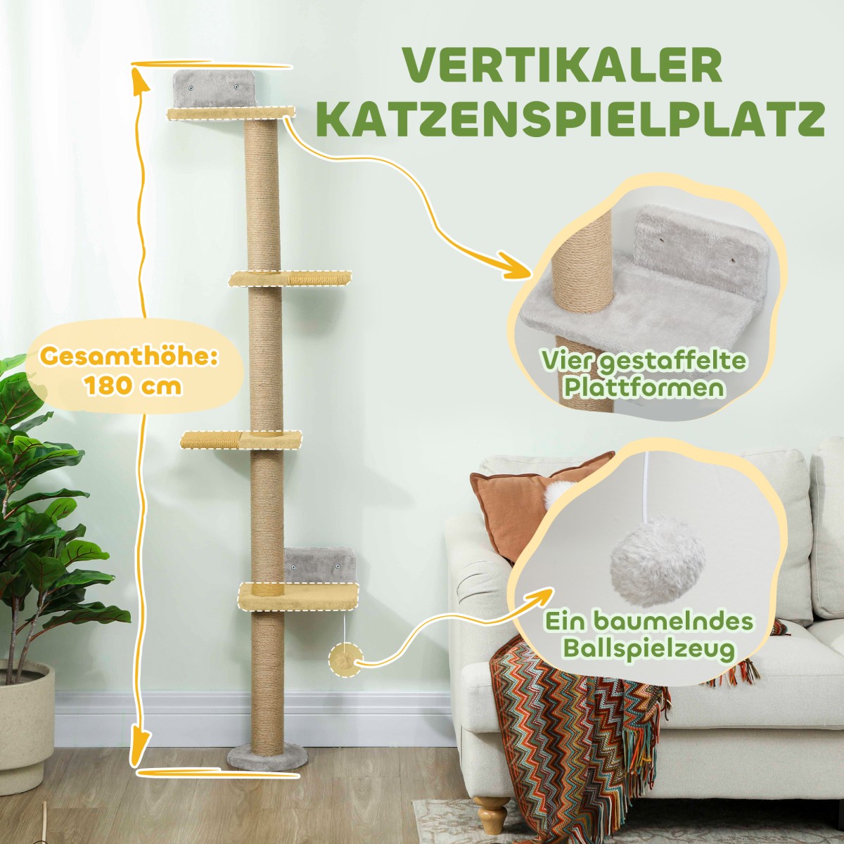Cat Scratching Post 5 Tier Design Toy Sisal Post Λούτρινο ύφασμα ανοιχτό γκρι