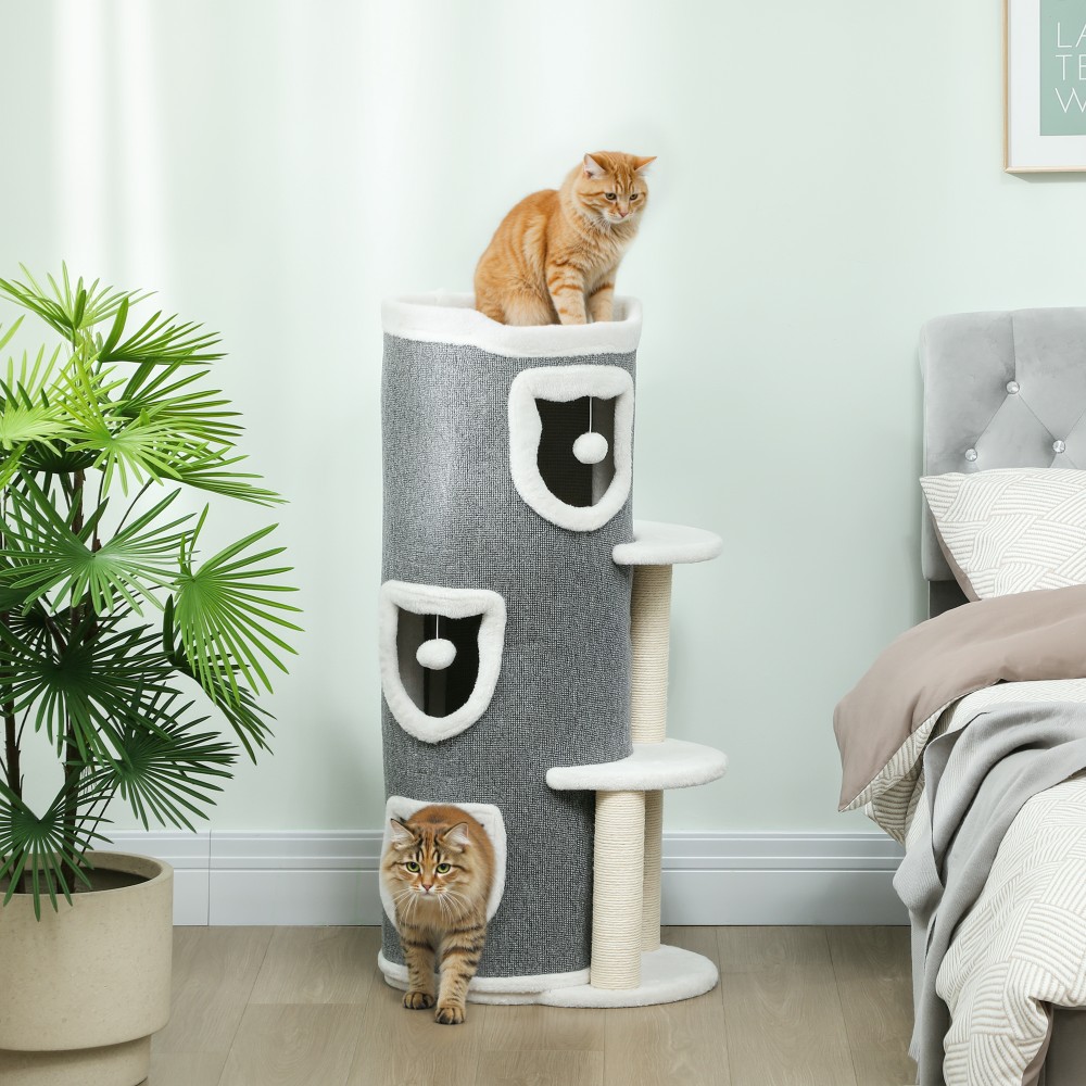 40" Cat Tower, 3 επίπεδα, 3 Sleeping Caves, Play Balls, Scratching Posts, Sisal, Chipboard, Γκρι