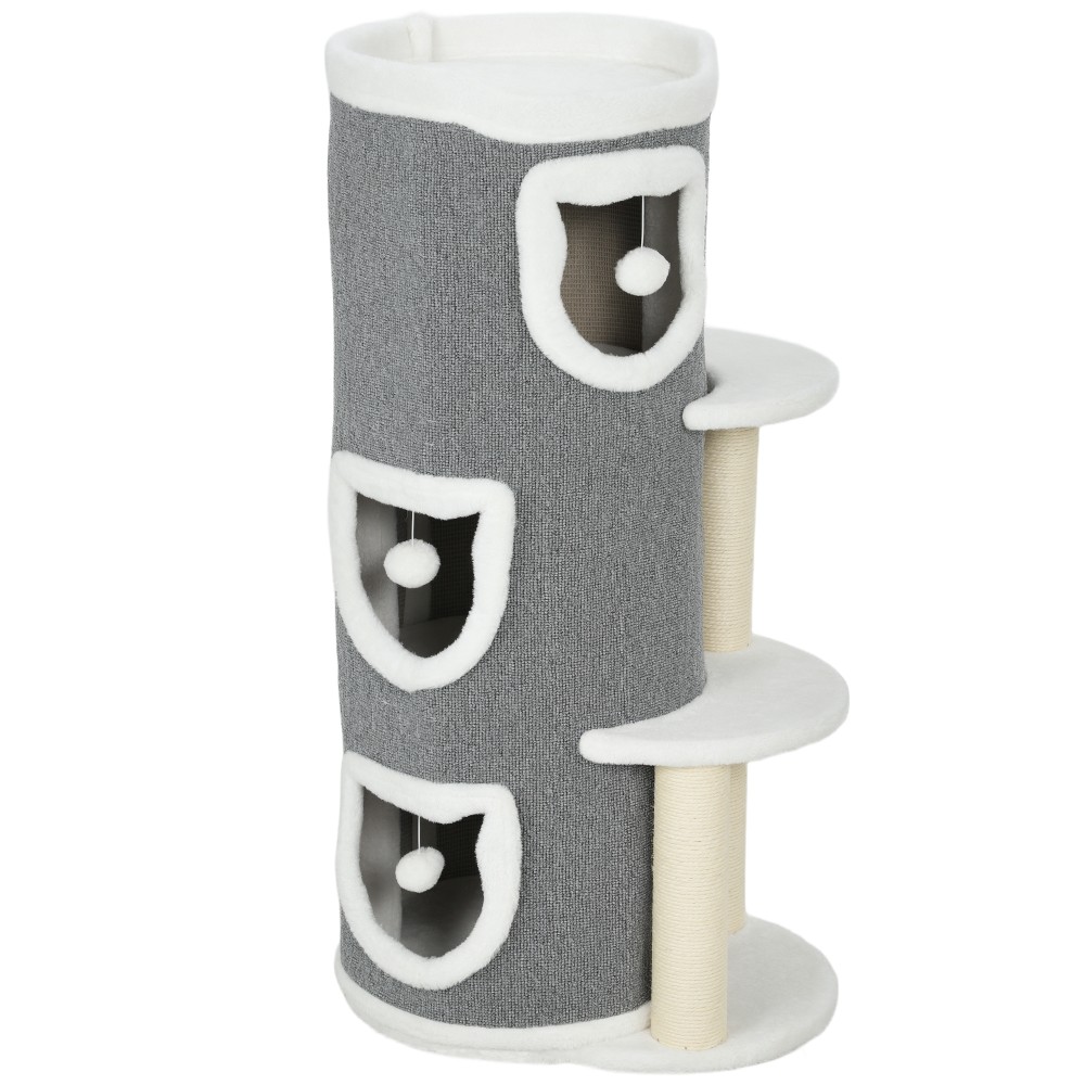 40" Cat Tower, 3 επίπεδα, 3 Sleeping Caves, Play Balls, Scratching Posts, Sisal, Chipboard, Γκρι