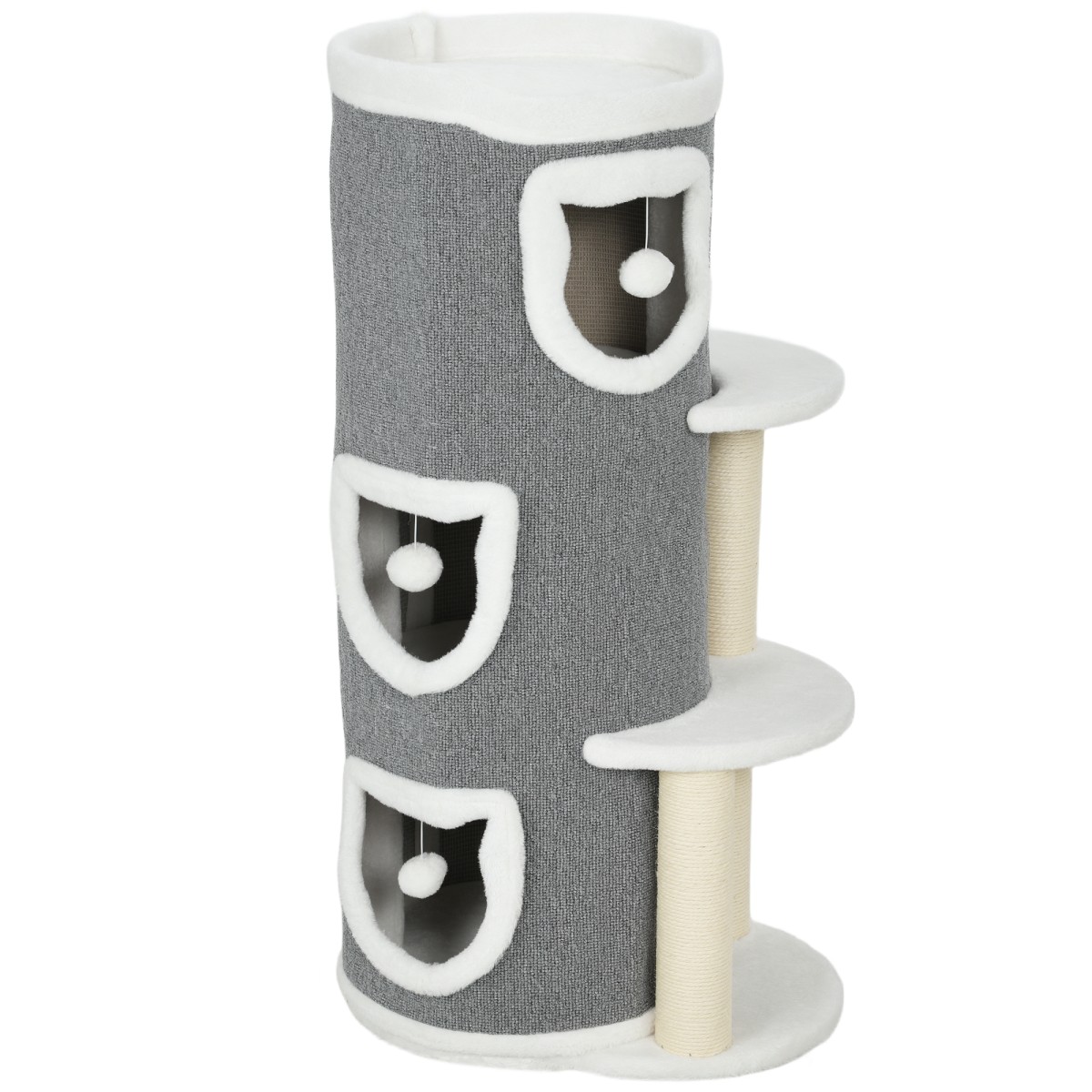 40" Cat Tower, 3 επίπεδα, 3 Sleeping Caves, Play Balls, Scratching Posts, Sisal, Chipboard, Γκρι