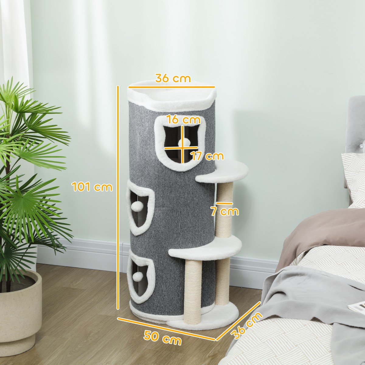 40" Cat Tower, 3 επίπεδα, 3 Sleeping Caves, Play Balls, Scratching Posts, Sisal, Chipboard, Γκρι