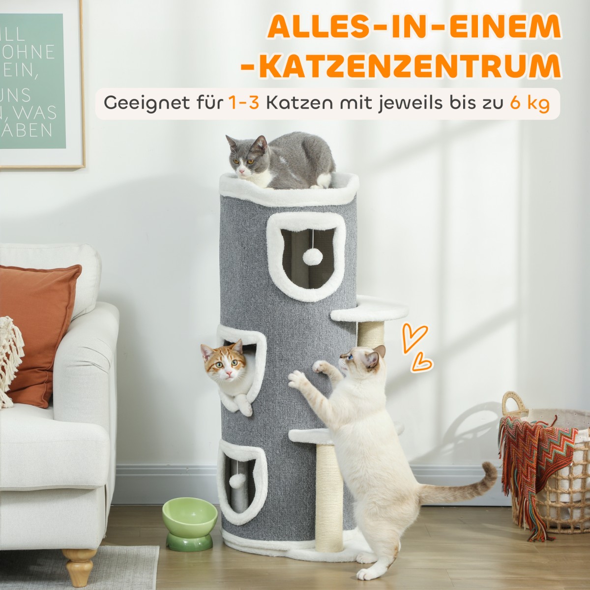 40" Cat Tower, 3 επίπεδα, 3 Sleeping Caves, Play Balls, Scratching Posts, Sisal, Chipboard, Γκρι