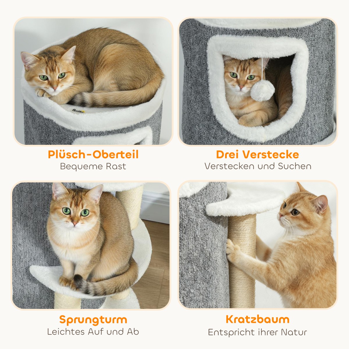40" Cat Tower, 3 επίπεδα, 3 Sleeping Caves, Play Balls, Scratching Posts, Sisal, Chipboard, Γκρι
