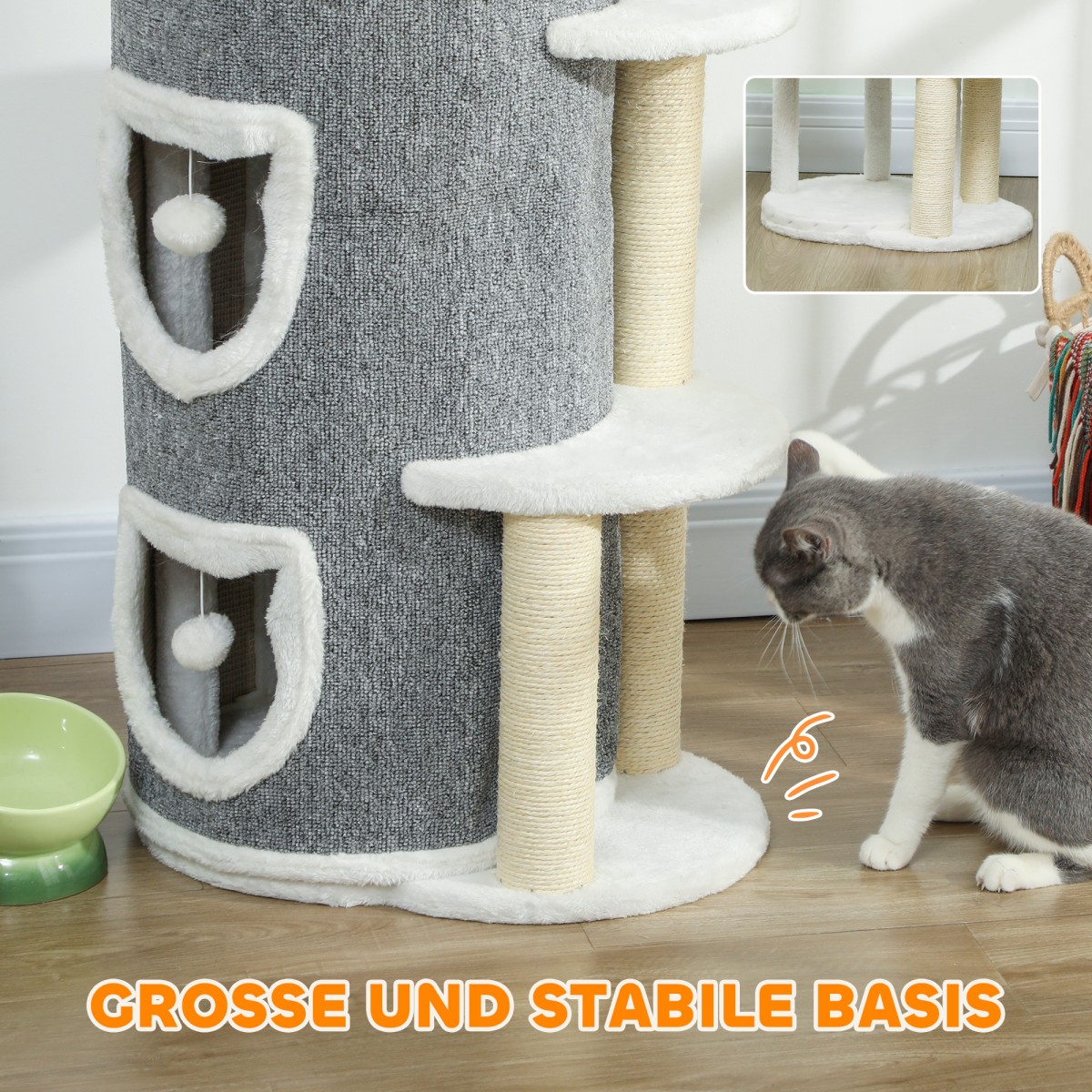 40" Cat Tower, 3 επίπεδα, 3 Sleeping Caves, Play Balls, Scratching Posts, Sisal, Chipboard, Γκρι