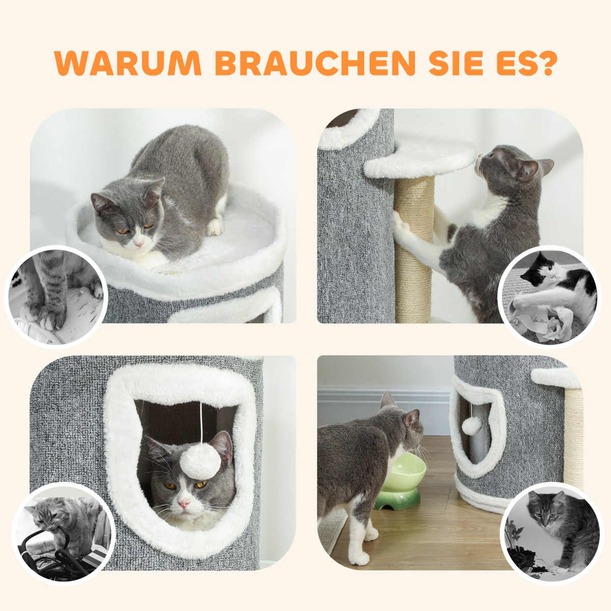 40" Cat Tower, 3 επίπεδα, 3 Sleeping Caves, Play Balls, Scratching Posts, Sisal, Chipboard, Γκρι