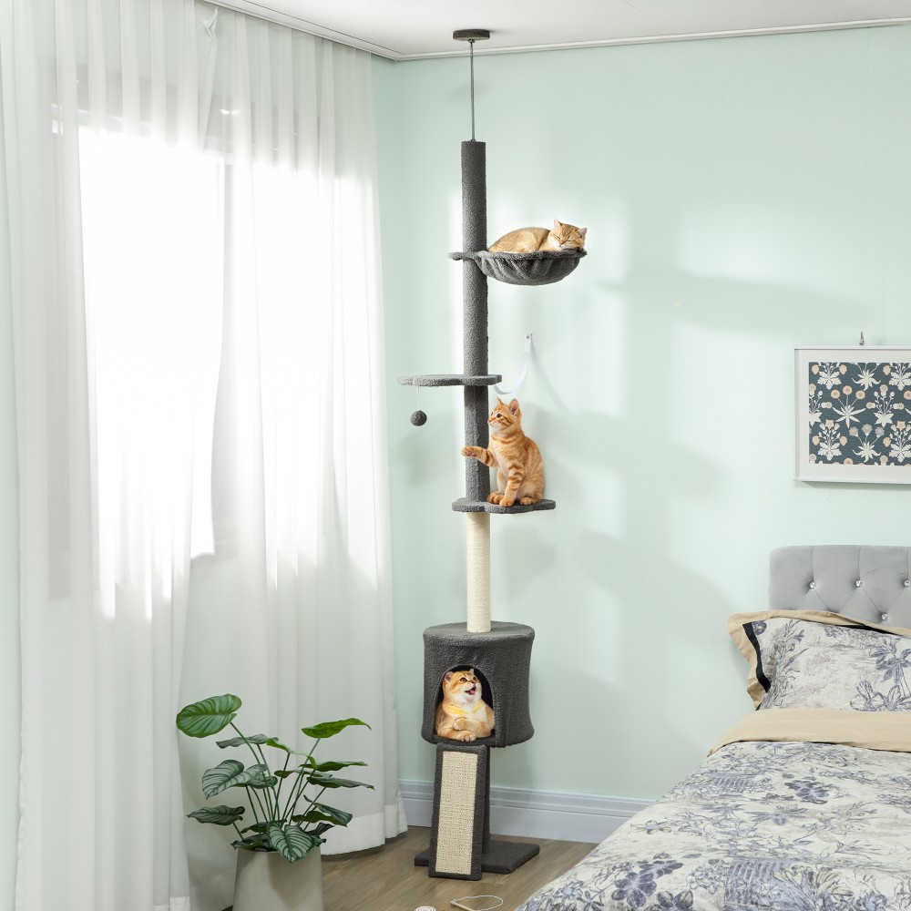 Cat Tree Cave αιώρα ρυθμιζόμενο ύψος ξύσιμο με υφασμάτινο κάλυμμα γκρι