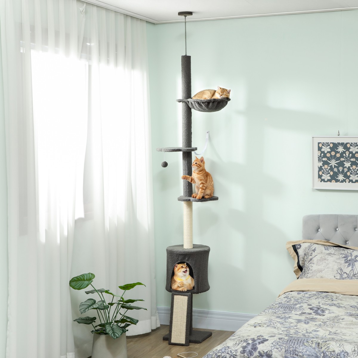 Cat Tree Cave αιώρα ρυθμιζόμενο ύψος ξύσιμο με υφασμάτινο κάλυμμα γκρι