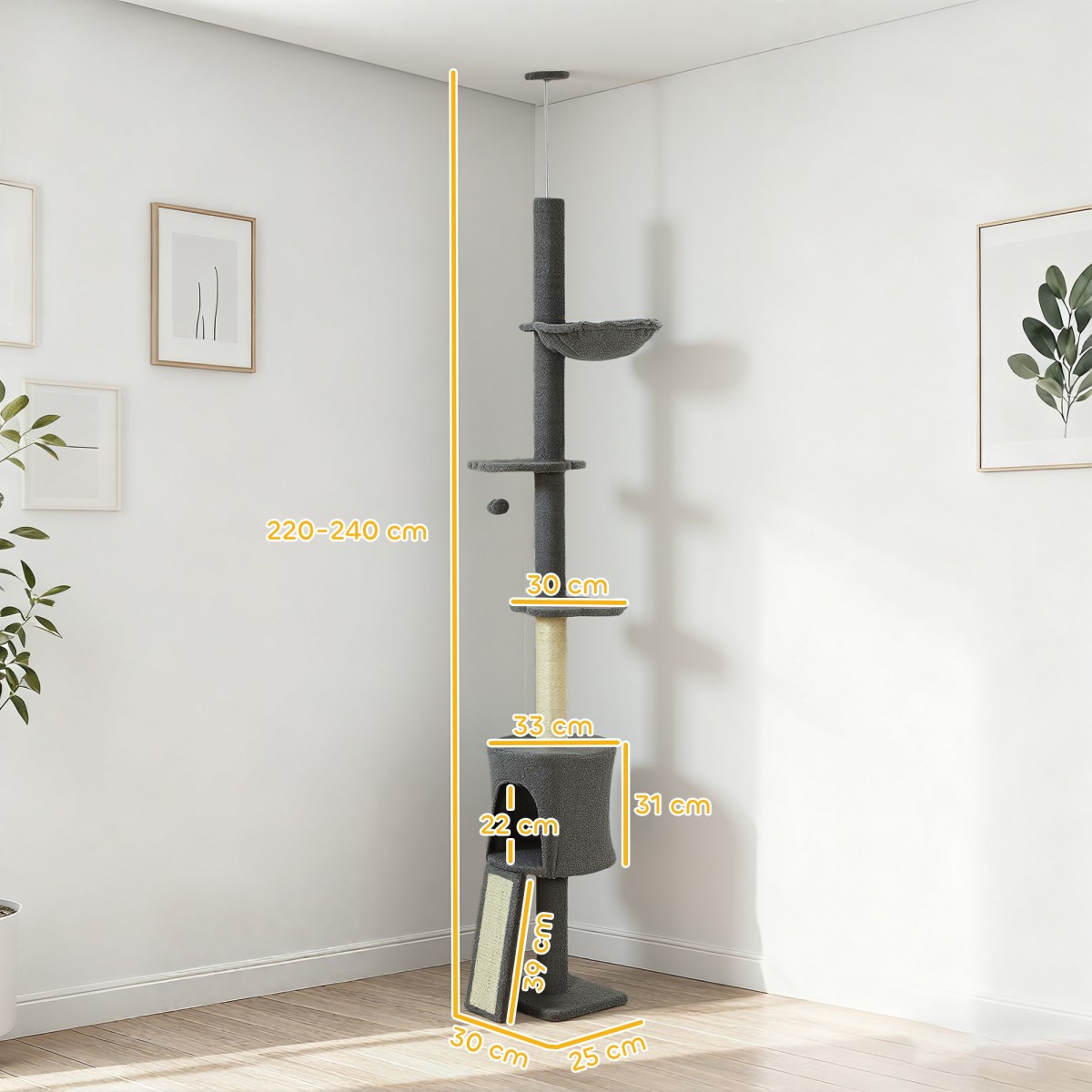 Cat Tree Cave αιώρα ρυθμιζόμενο ύψος ξύσιμο με υφασμάτινο κάλυμμα γκρι
