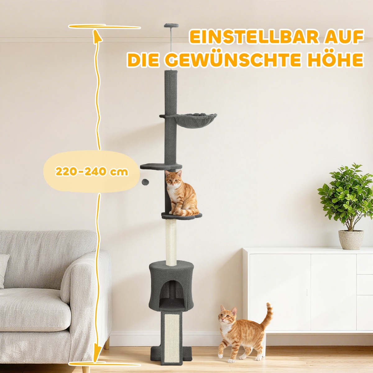 Cat Tree Cave αιώρα ρυθμιζόμενο ύψος ξύσιμο με υφασμάτινο κάλυμμα γκρι
