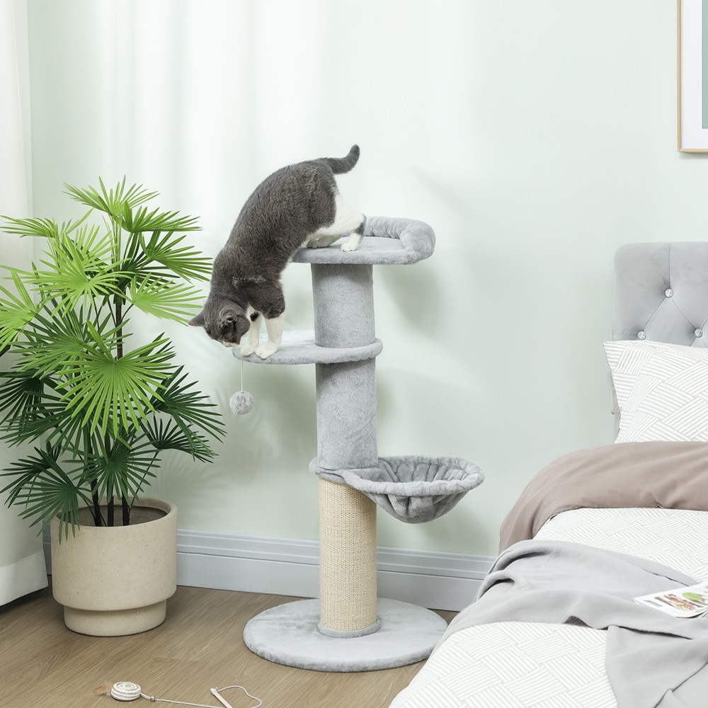 Cat Scratching Post Sisal Post Πολυεπίπεδο βελούδινο ύφασμα κρεμαστή μπάλα ανοιχτό γκρι