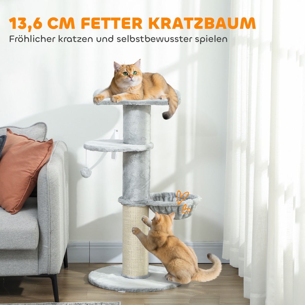 Cat Scratching Post Sisal Post Πολυεπίπεδο βελούδινο ύφασμα κρεμαστή μπάλα ανοιχτό γκρι