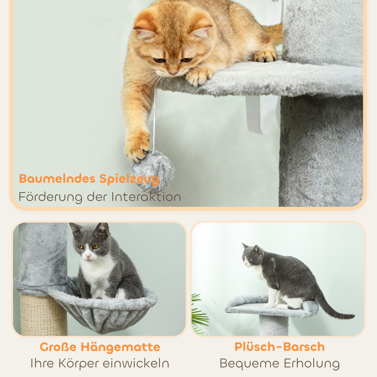 Cat Scratching Post Sisal Post Πολυεπίπεδο βελούδινο ύφασμα κρεμαστή μπάλα ανοιχτό γκρι