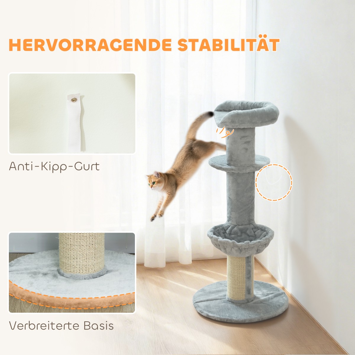 Cat Scratching Post Sisal Post Πολυεπίπεδο βελούδινο ύφασμα κρεμαστή μπάλα ανοιχτό γκρι