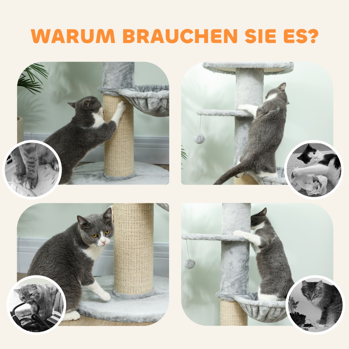 Cat Scratching Post Sisal Post Πολυεπίπεδο βελούδινο ύφασμα κρεμαστή μπάλα ανοιχτό γκρι