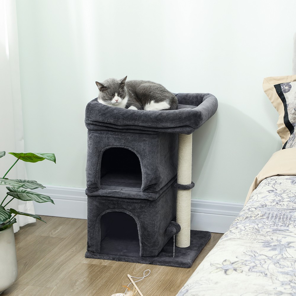 Cat Scratching Post Cat Tower 2 Caves Platform Sisal Post Compact Σκούρο Γκρι