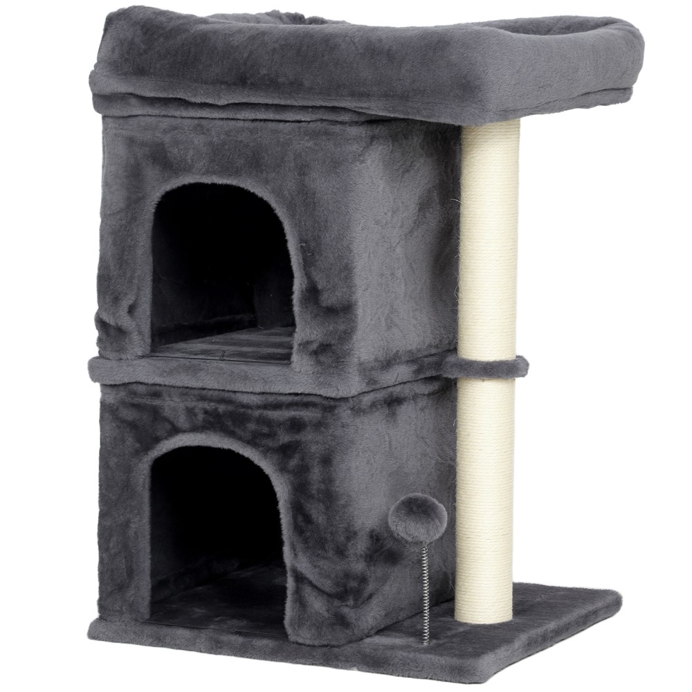 Cat Scratching Post Cat Tower 2 Caves Platform Sisal Post Compact Σκούρο Γκρι