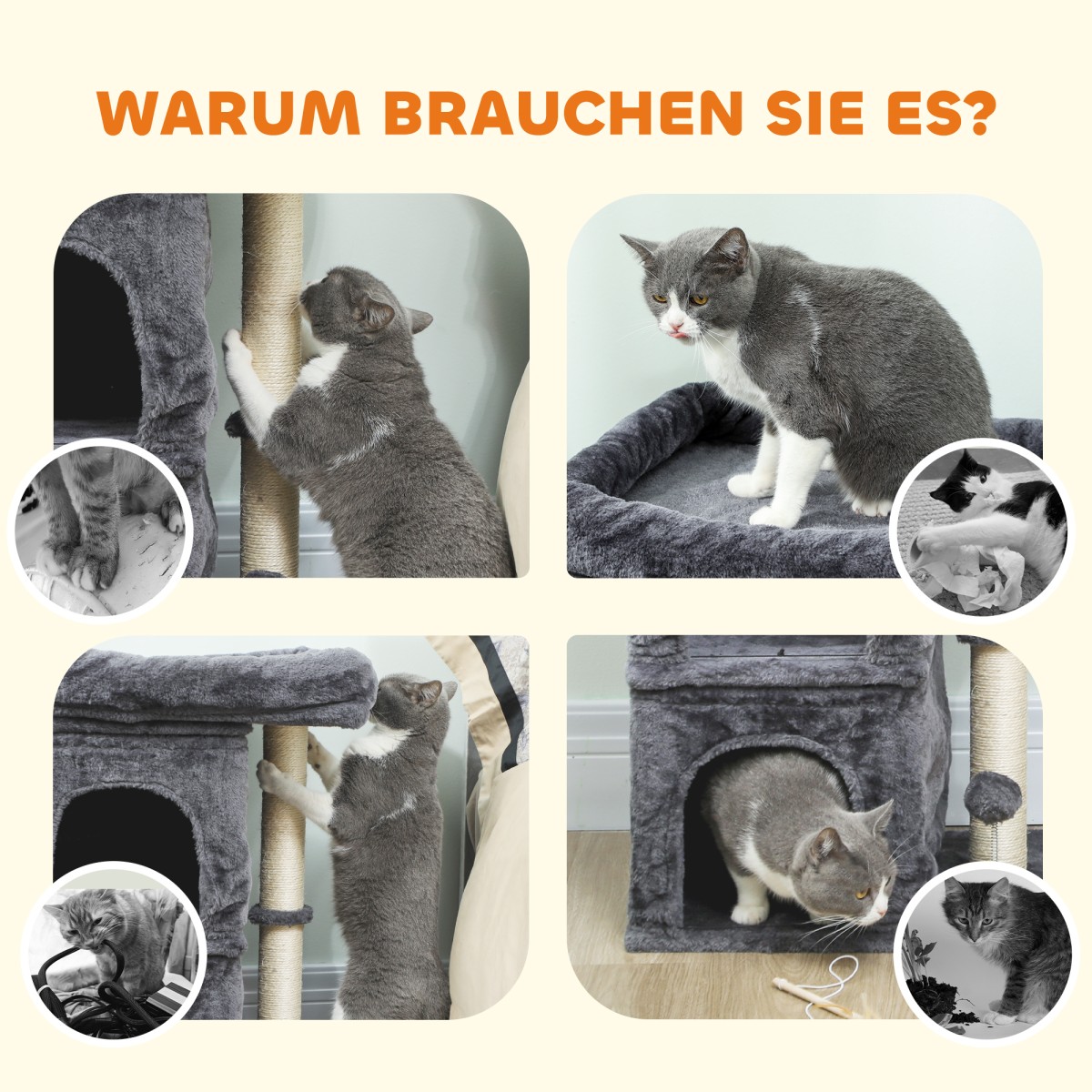 Cat Scratching Post Cat Tower 2 Caves Platform Sisal Post Compact Σκούρο Γκρι