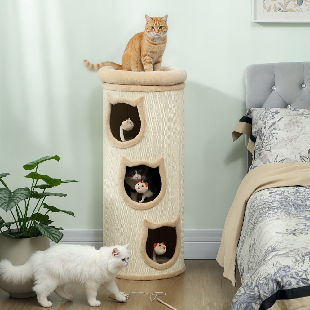 Cat Scratching Barrel 38" Πύργος 4 επιπέδων για γάτες με πλενόμενο κρεβάτι 3 Sleeping Caves Κρεμαστό παιχνίδι για πολλές γάτες Γκρι
