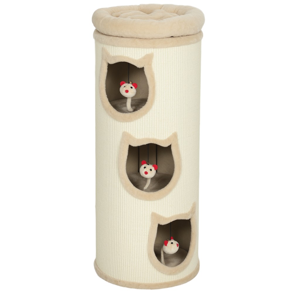 Cat Scratching Barrel 38" Πύργος 4 επιπέδων για γάτες με πλενόμενο κρεβάτι 3 Sleeping Caves Κρεμαστό παιχνίδι για πολλές γάτες Γκρι