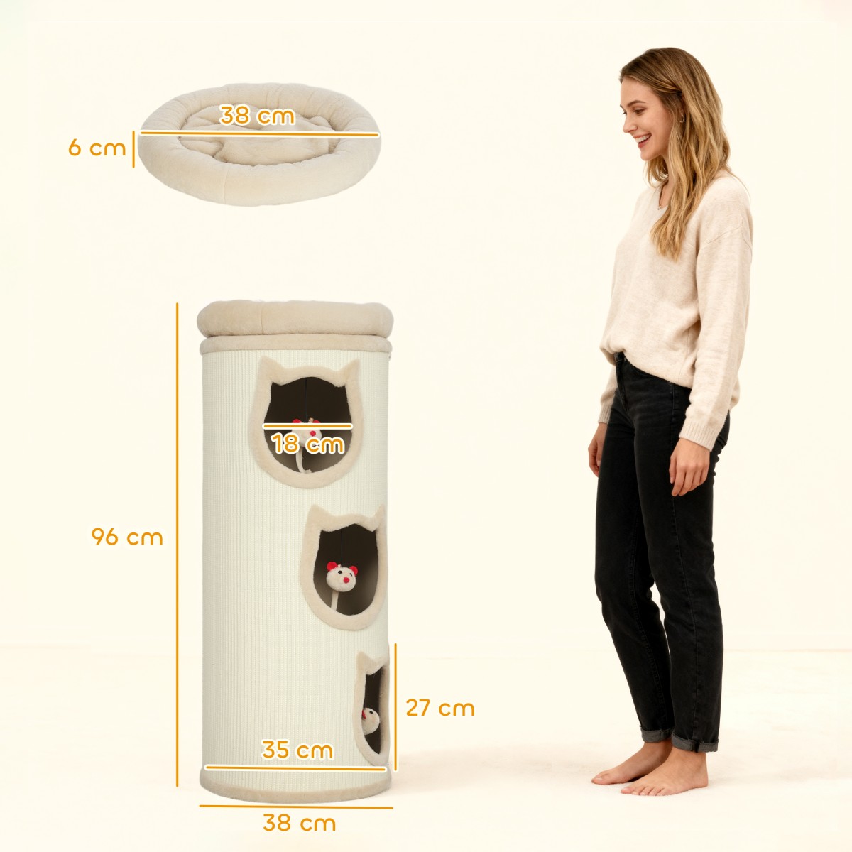 Cat Scratching Barrel 38" Πύργος 4 επιπέδων για γάτες με πλενόμενο κρεβάτι 3 Sleeping Caves Κρεμαστό παιχνίδι για πολλές γάτες Γκρι