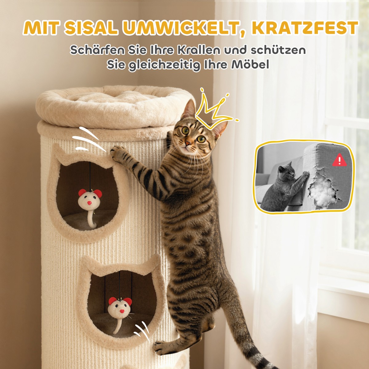 Cat Scratching Barrel 38" Πύργος 4 επιπέδων για γάτες με πλενόμενο κρεβάτι 3 Sleeping Caves Κρεμαστό παιχνίδι για πολλές γάτες Γκρι