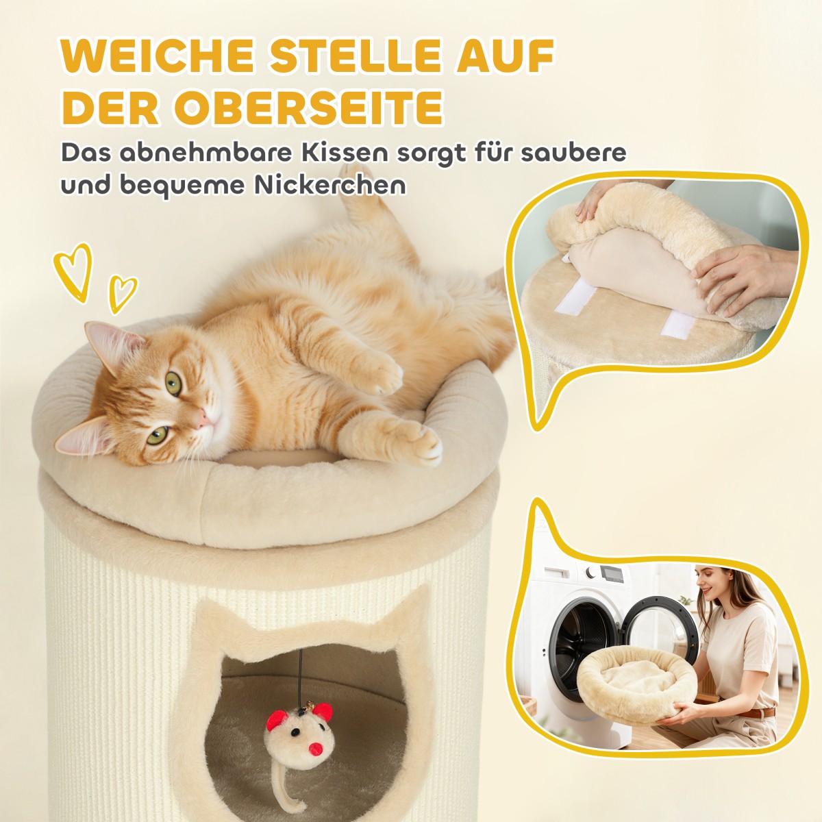 Cat Scratching Barrel 38" Πύργος 4 επιπέδων για γάτες με πλενόμενο κρεβάτι 3 Sleeping Caves Κρεμαστό παιχνίδι για πολλές γάτες Γκρι