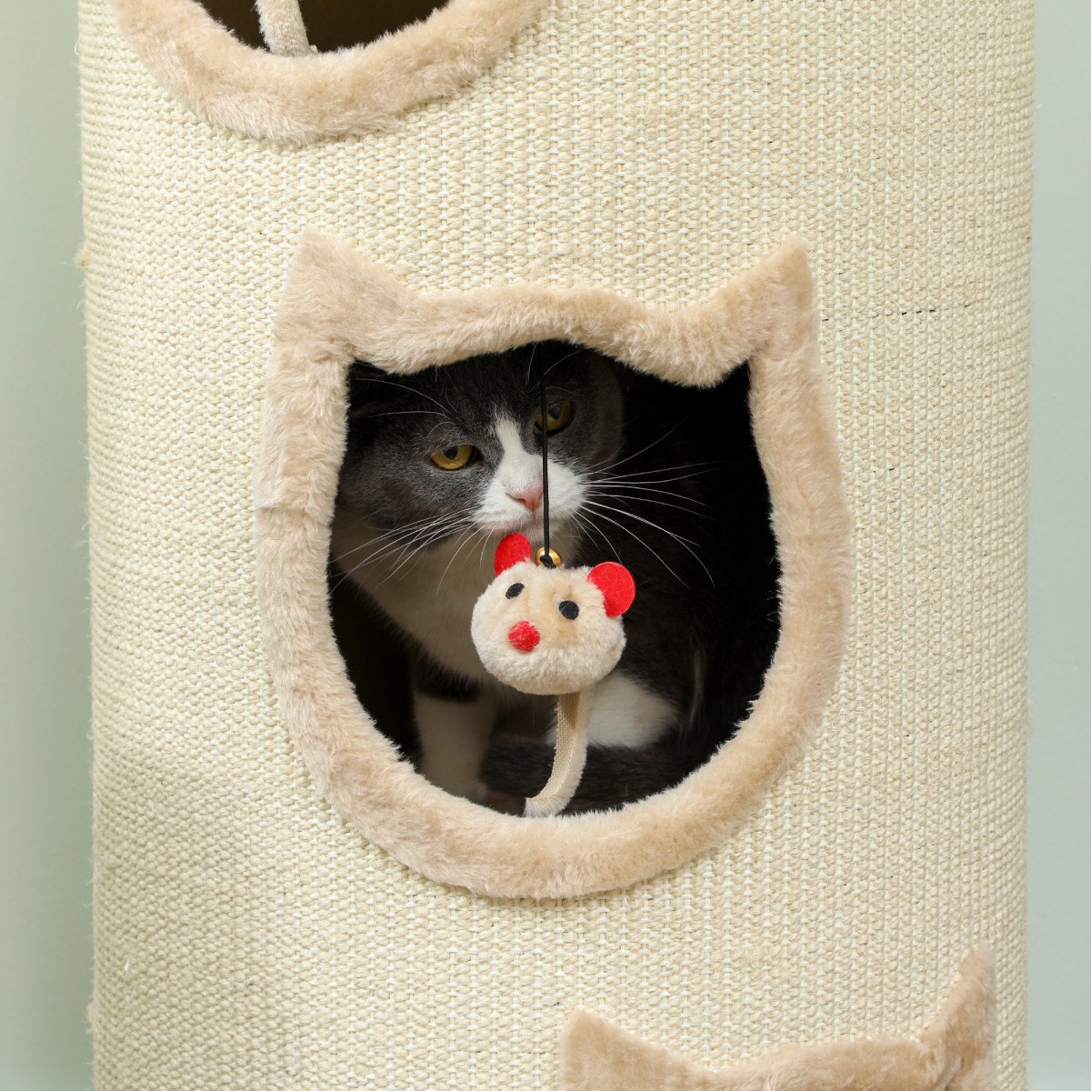 Cat Scratching Barrel 38" Πύργος 4 επιπέδων για γάτες με πλενόμενο κρεβάτι 3 Sleeping Caves Κρεμαστό παιχνίδι για πολλές γάτες Γκρι