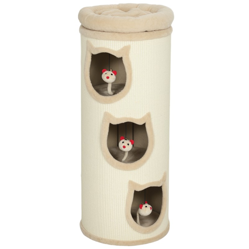 Cat Scratching Barrel 38" Πύργος 4 επιπέδων για γάτες με πλενόμενο κρεβάτι 3 Sleeping Caves Κρεμαστό παιχνίδι για πολλές γάτες Γκρι