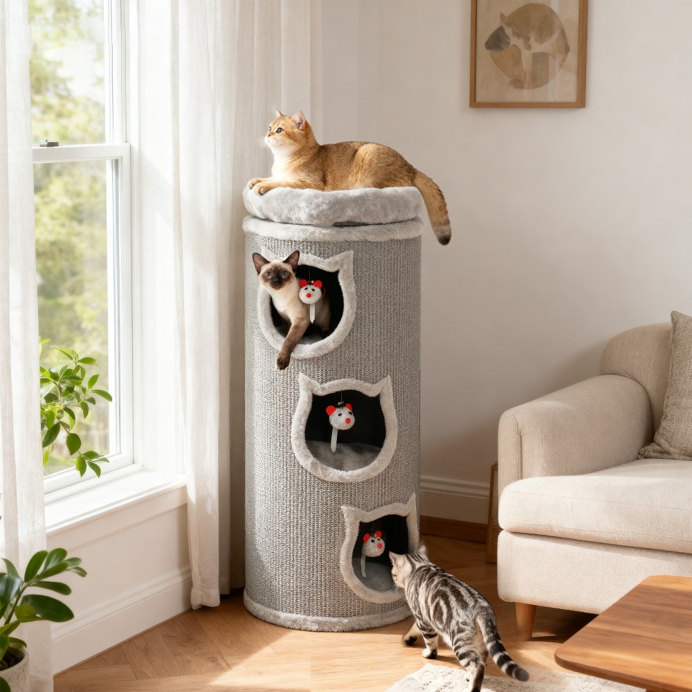 Cat Scratching Barrel 38" Πύργος 4 επιπέδων για γάτες με πλενόμενο κρεβάτι 3 Sleeping Caves Κρεμαστό παιχνίδι για πολλές γάτες Γκρι