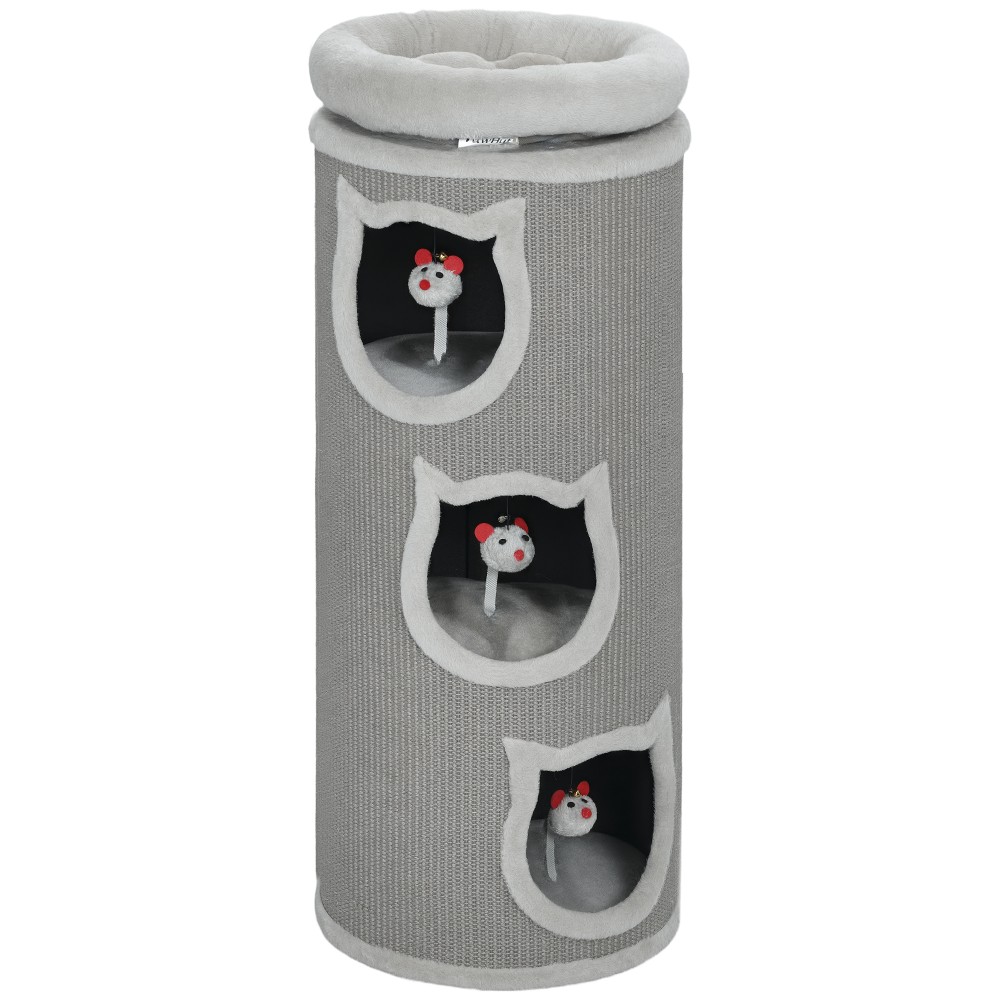 Cat Scratching Barrel 38" Πύργος 4 επιπέδων για γάτες με πλενόμενο κρεβάτι 3 Sleeping Caves Κρεμαστό παιχνίδι για πολλές γάτες Γκρι