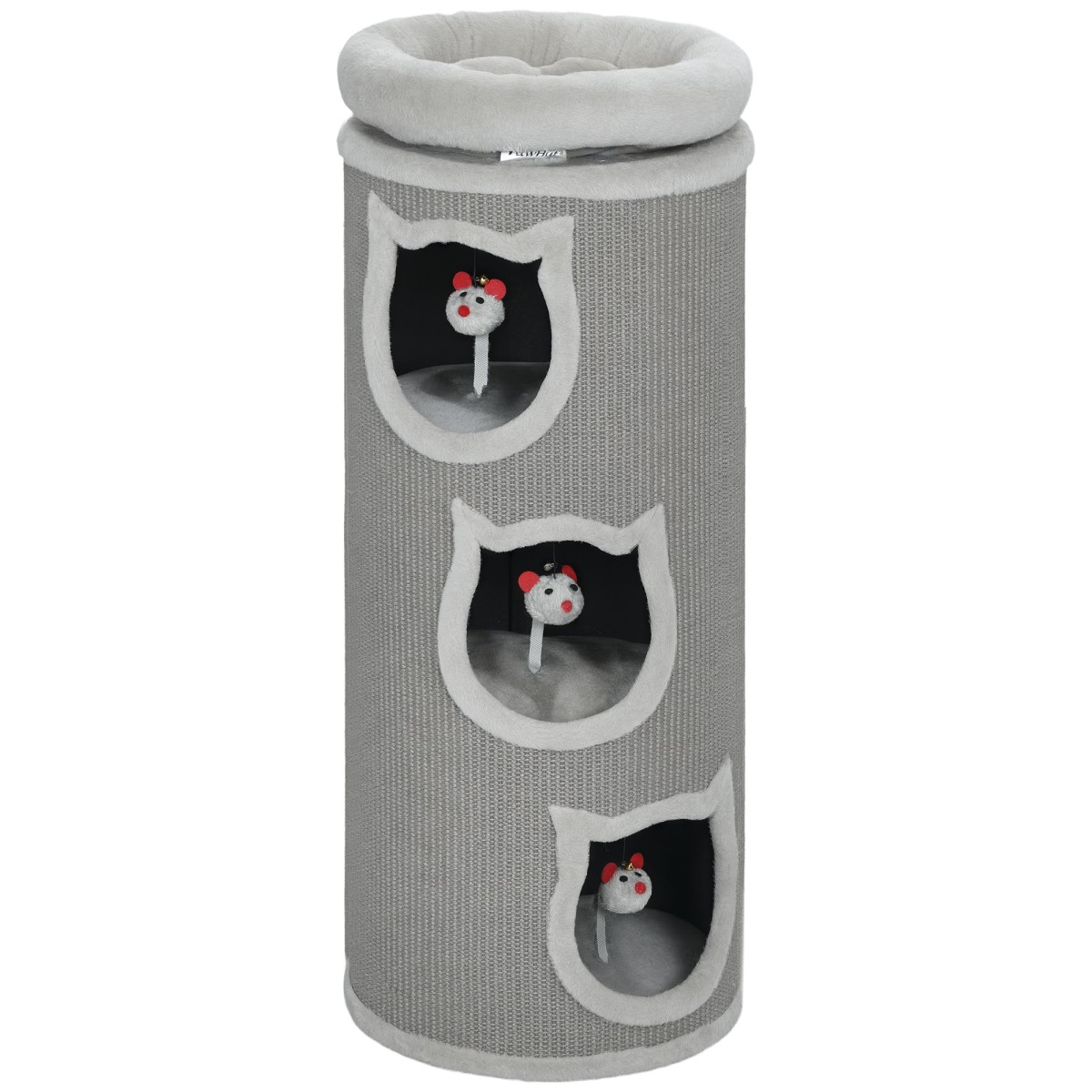 Cat Scratching Barrel 38" Πύργος 4 επιπέδων για γάτες με πλενόμενο κρεβάτι 3 Sleeping Caves Κρεμαστό παιχνίδι για πολλές γάτες Γκρι