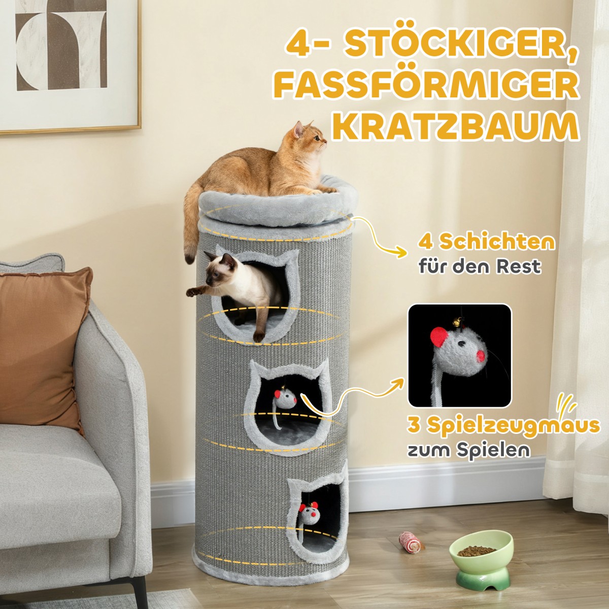 Cat Scratching Barrel 38" Πύργος 4 επιπέδων για γάτες με πλενόμενο κρεβάτι 3 Sleeping Caves Κρεμαστό παιχνίδι για πολλές γάτες Γκρι