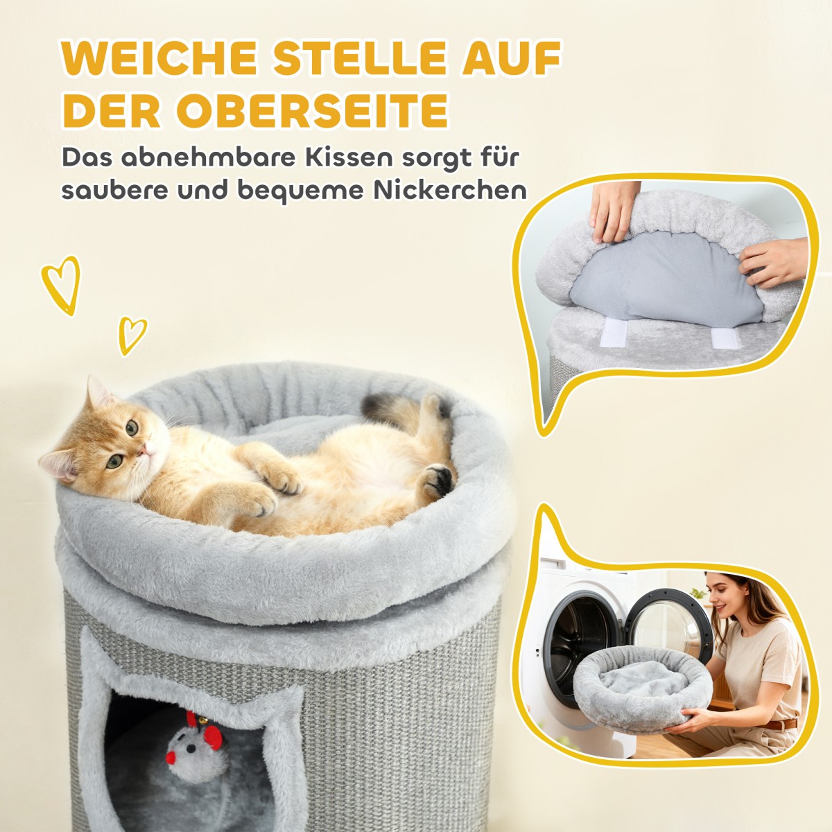 Cat Scratching Barrel 38" Πύργος 4 επιπέδων για γάτες με πλενόμενο κρεβάτι 3 Sleeping Caves Κρεμαστό παιχνίδι για πολλές γάτες Γκρι