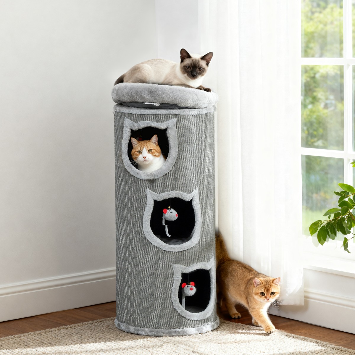 Cat Scratching Barrel 38" Πύργος 4 επιπέδων για γάτες με πλενόμενο κρεβάτι 3 Sleeping Caves Κρεμαστό παιχνίδι για πολλές γάτες Γκρι