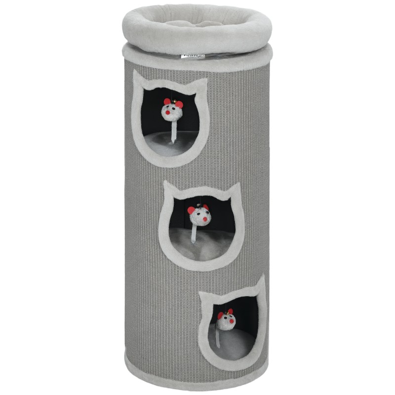 Cat Scratching Barrel 38" Πύργος 4 επιπέδων για γάτες με πλενόμενο κρεβάτι 3 Sleeping Caves Κρεμαστό παιχνίδι για πολλές γάτες Γκρι