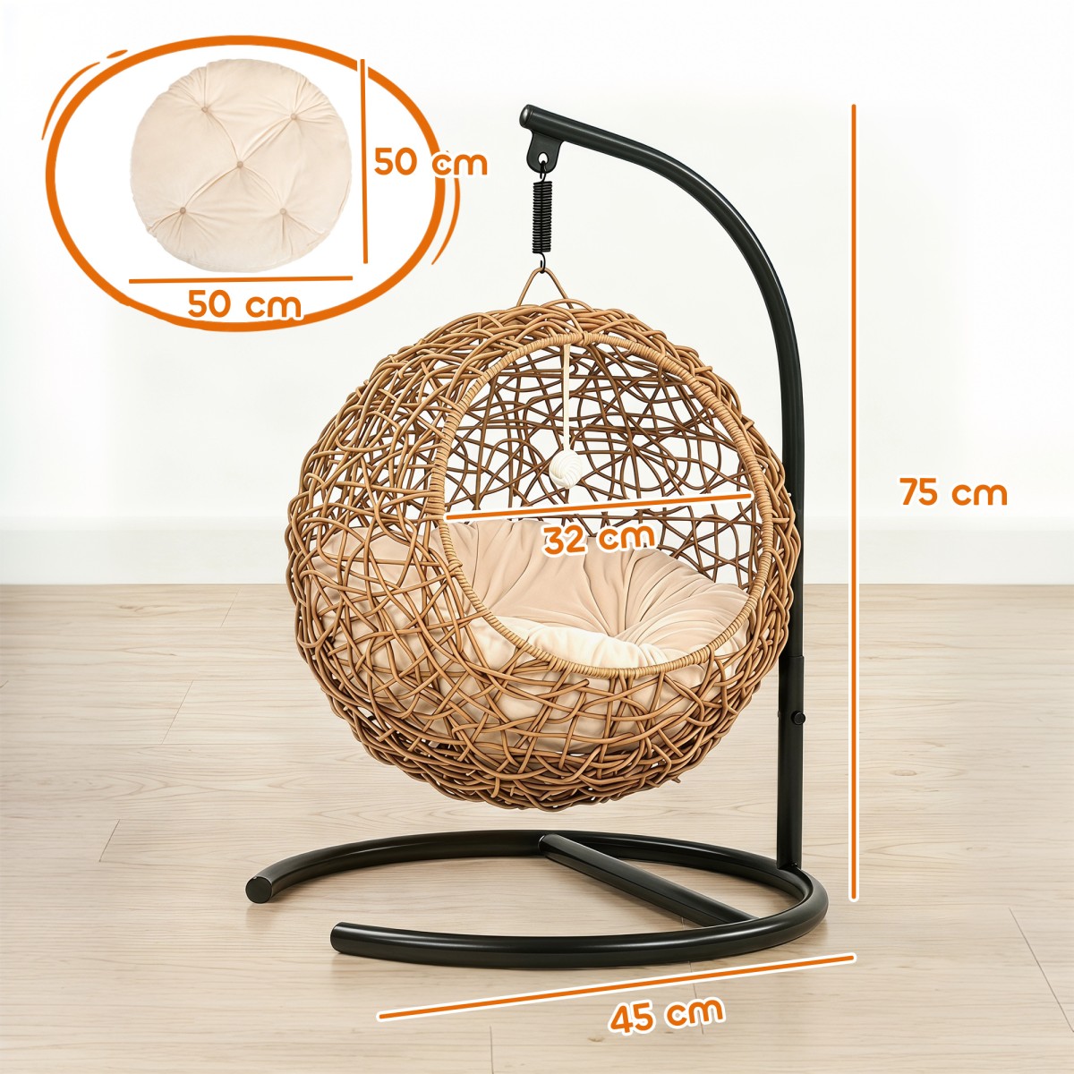Σπήλαιο γάτας rattan κρεβάτι με μαξιλάρι που πλένεται και μπάλα, για γάτες έως 10 κιλά, 45 x 41 x 75 cm, ανοιχτό καφέ